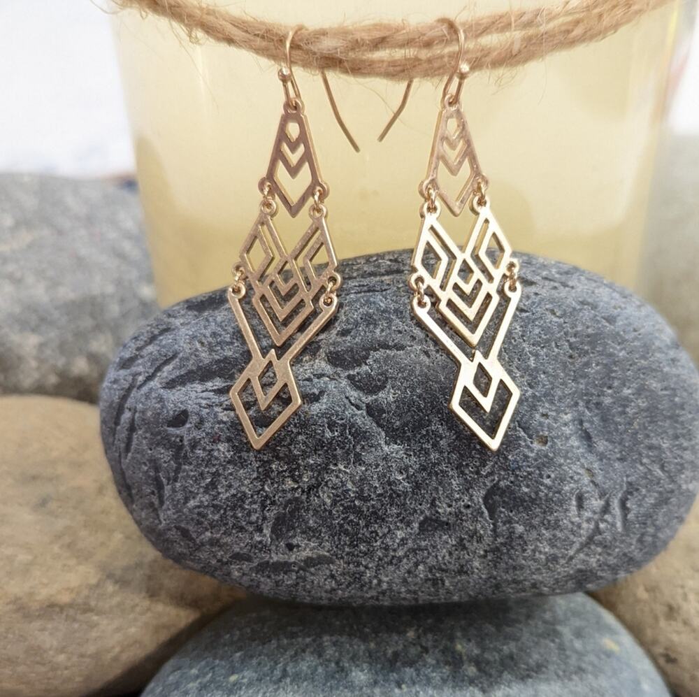 Geometric Goldtone Dangle Statement Hook Earrings NEW Aztec